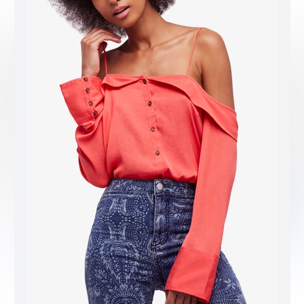 FREE PEOPLE Womens Coral Off Shoulder Bell Sleeve Casual Top H13